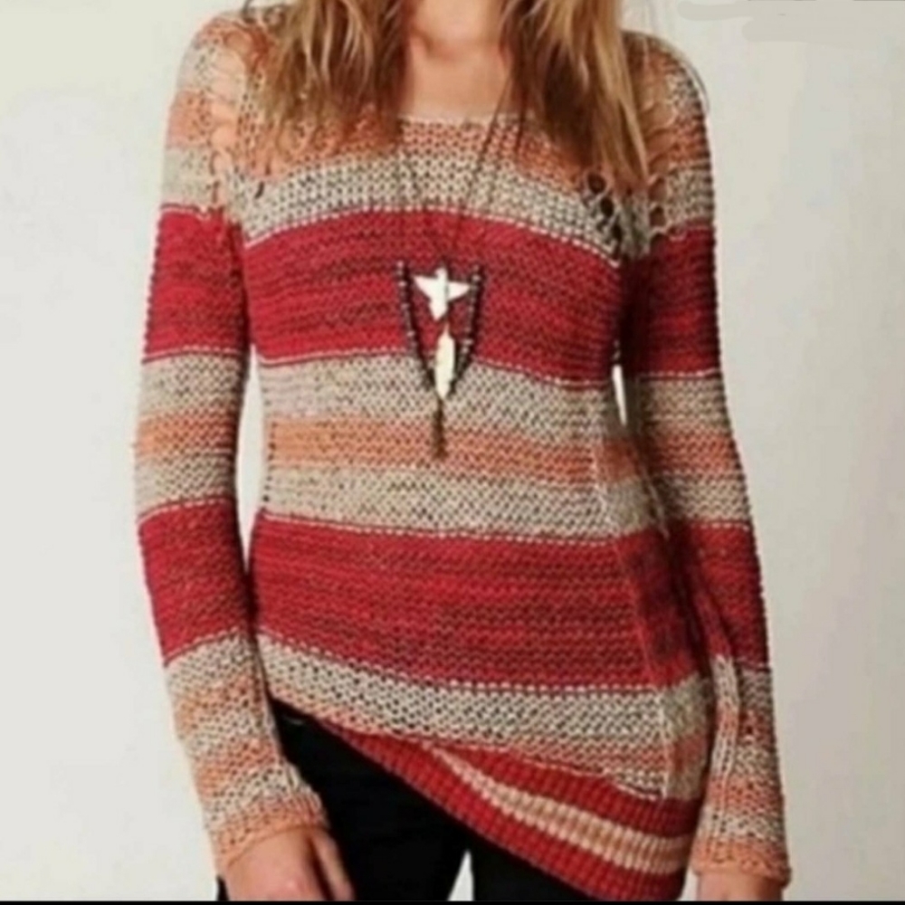 Free People 'Desert Moon' Striped Knit Pullover Sweater Sz L